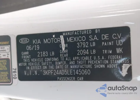 2020 Kia Forte Lxs z USA, uszkodzony, nr VIN 3KPF24AD5LE145060